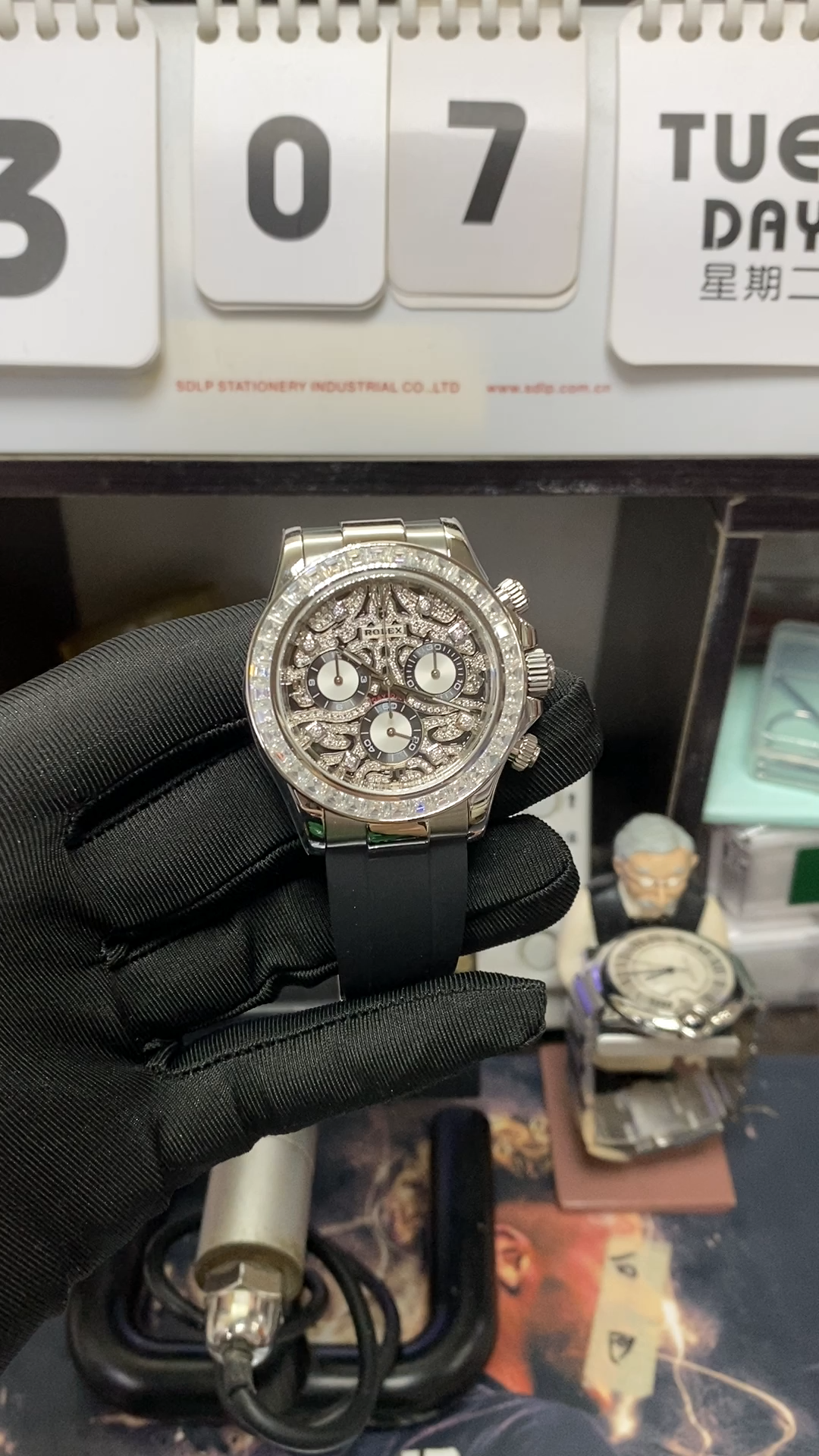 Rolex Cosmograph Daytona Series TIGER DAYTONA 18K WHITE GOLD CASE FULL DIAMOND BREZEL AND DIAL 40mm size.