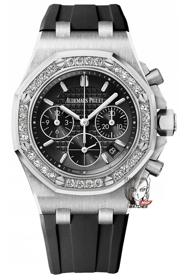 Audemars Piguet Royal Oak Offshore Series 26231ST.ZZ.D002CA.01, Women's Chronograph Black Dial with Diamond Bezel, 37mm size.