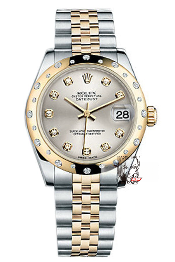 Rolex Datejust Series 178343-63163, Two-Tone Gold Case Silver Dial with Diamond Hour Markers Round Arched Bezel Set with Diamonds, 31mm Size, Five-Link Steel Bracelet.