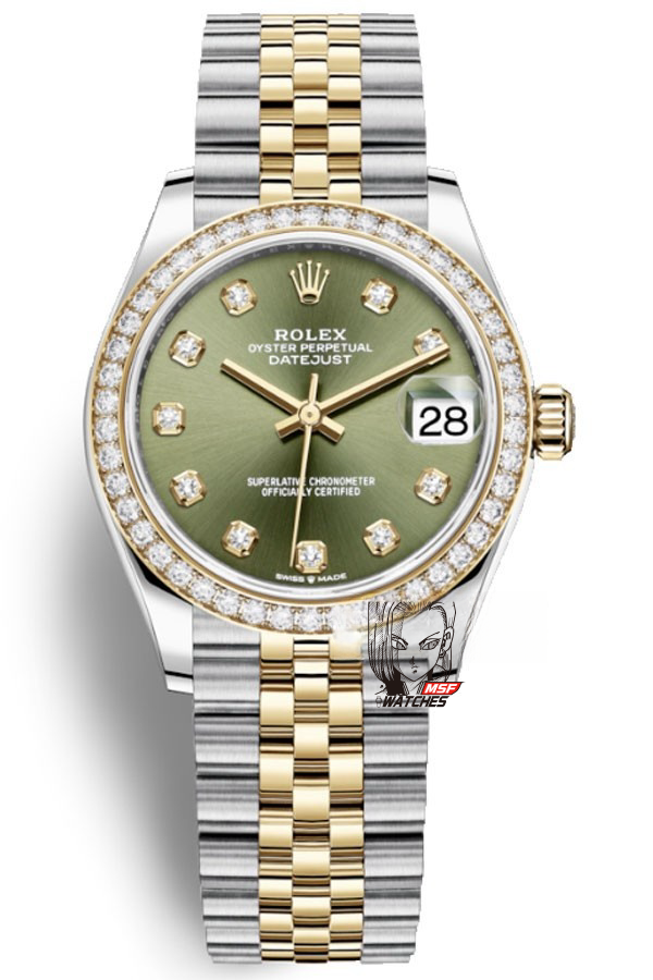 Rolex Datejust series m278383rbr-0030, Two-Tone Gold Case with Green Dial and Diamond Bezel, 31mm size, Jubilee bracelet.
