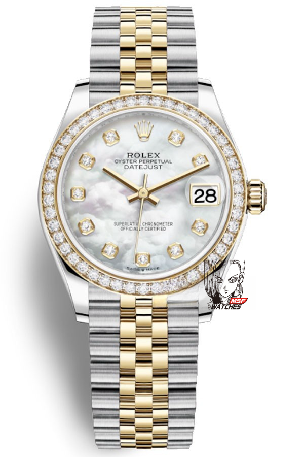 Rolex Datejust Series m278383rbr-0028, Two-Tone Gold Case with Mother-of-Pearl Dial and Diamond Bezel, 31mm size, Jubilee stainless steel bracelet.