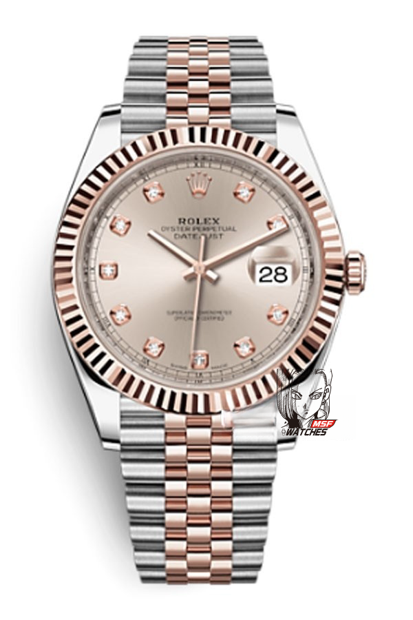 Rolex Datejust Series m126331-0008, Pink Dial with Checkered Bezel Two-Tone Rose Gold Case, 36mm Size, Five-Link Steel Bracelet.