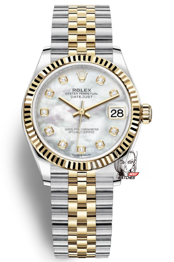 Rolex Datejust series m278273-0028, Two-Tone Gold Case with Mother-of-Pearl Dial, 31mm size.
