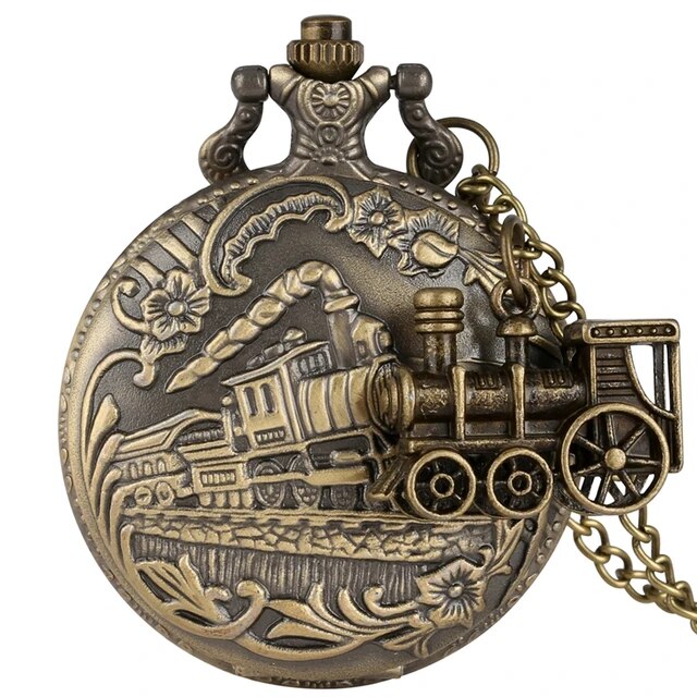 Bronze Train Locomotive Engine Quartz Pocket Watch Retro Necklace Pendant Chain Best Gifts for Men Women with Train Accessory