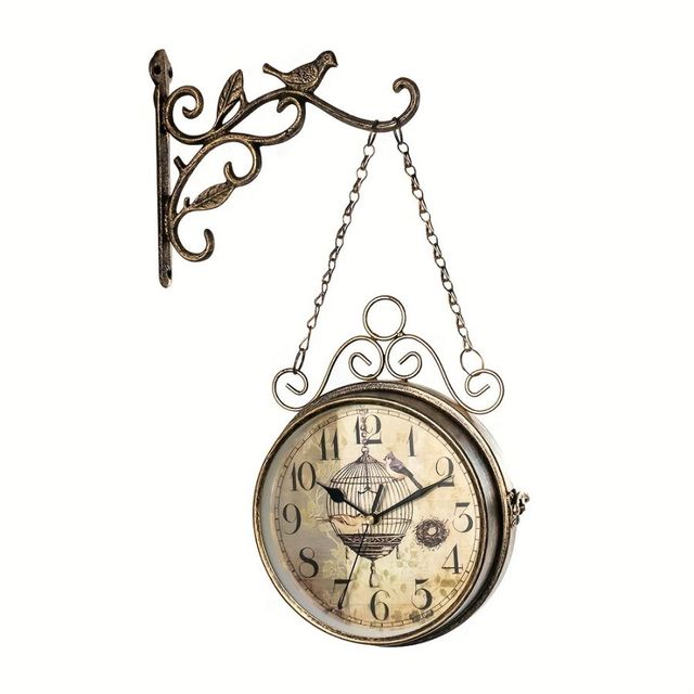Double Sided Wall Clock Iron Art Clock Living Room Retro Clock Metal Round Battery Powered Silent Clock, Photo Props