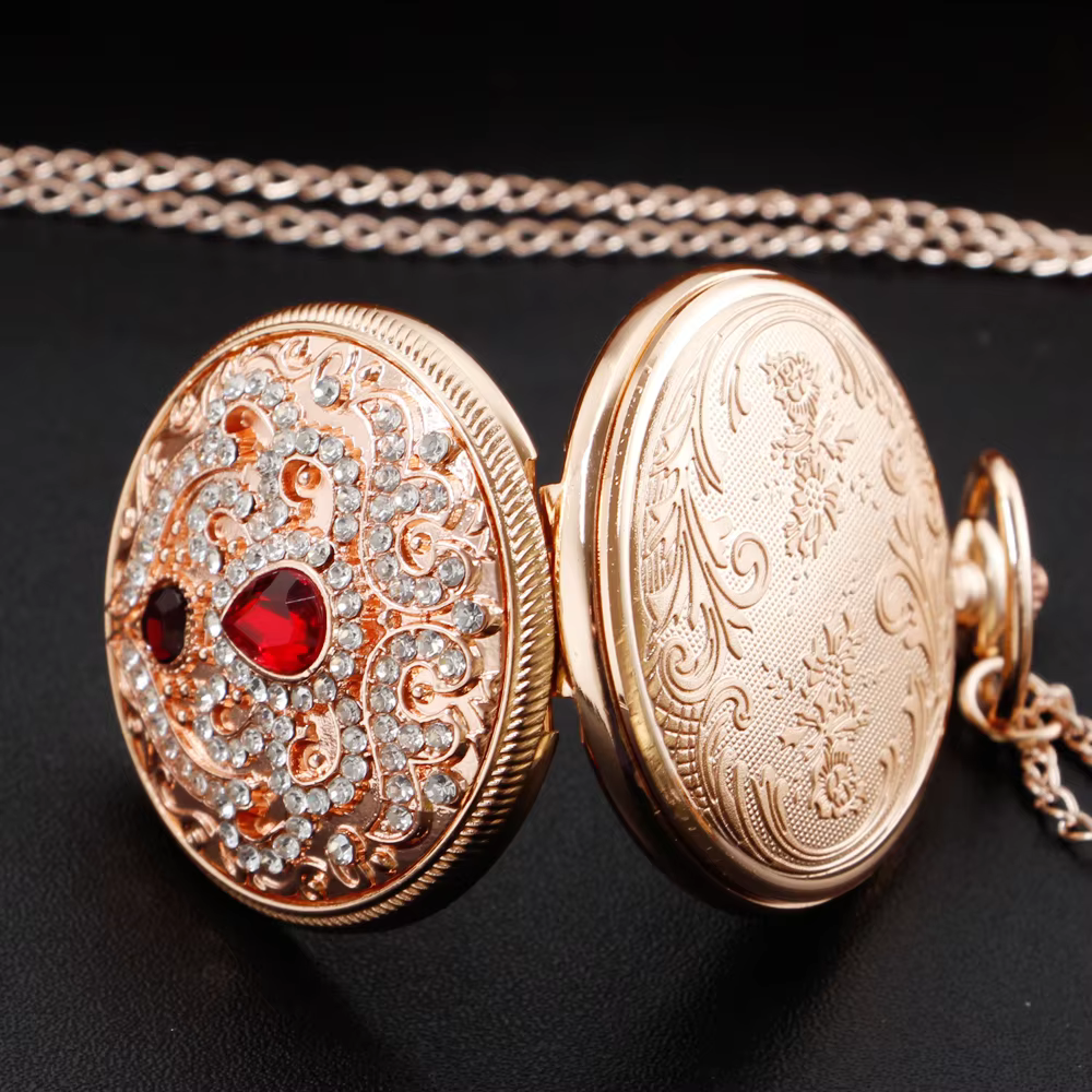 Gold Diamond Design Fashion Quartz Pocket Watch Women's Retro Jewelry Necklace Birthday Timepiece Anniversary Gift XH1007
